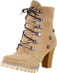 Женские ботильоны HOTRA с заклепками, модные, на шнуровке, с массивным высоким каблуком, повседневные зимние замшевые ботинки (Цвет: желтый, Размер: 5.5 US), 5.5 Yellow