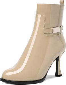 Женские ботильоны на молнии с круглым носком, лаковые, для улицы, с высокими каблуками 3,3 дюйма DEMOSHINE, Beige