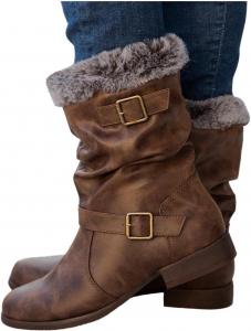 Зимние сапоги Hbeylia для женщин, винтажные мягкие складные из кожи, с металлической пряжкой, плюшевой подкладкой, круглым носком, массивным низким каблуком, сапоги средней голени, модная флисовая подкладка, теплые рабочие и ездовые короткие сапоги, Brown
