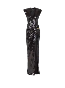 Длинное драпированное платье из пайеток с декоративной отделкой Balmain, черный