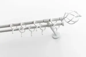 Карниз GARESA "РУСТИКА", 2 направляющие, желаемая длина, комплект штор в стиле рустик, выдвижной, с кольцами, торцевая корзина для пуговиц 170 см, Ø16мм, белый