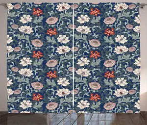 Шторы ABAKUHAUS Floral Rustic с восточным цветочным мотивом, универсальные ленточные шторы для гостиной с петлями и крючками, 280 x 225 см, темно-синий с разноцветным узором Abakuhaus