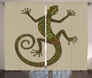 ABAKUHAUS Яркая штора в деревенском стиле с рисунком ящерицы, присборенная штора из тесьмы для спальни с петлями и крючками, 280 x 175 см, цвет: зеленый, бежевый Abakuhaus