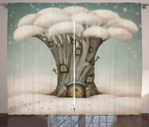 Штора ABAKUHAUS Cloud Rustic, Фантазия о дереве в небе, универсальные ленточные шторы для гостиной с петлями и крючками, 280 x 175 см, цвет: шалфейно-зеленый, персиковый Abakuhaus