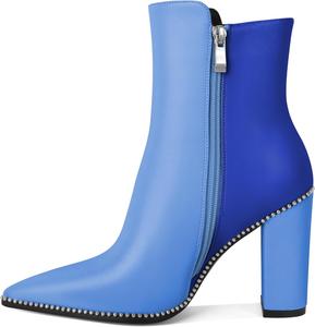 Younton Женские короткие ботильоны с заостренным носком, декорированные бусинами, массивным каблуком 3,7 дюйма и боковой молнией