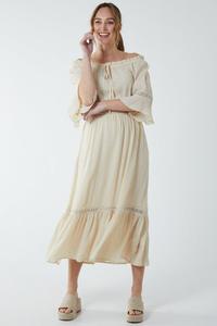 Платье миди с эластичной кружевной вставкой и открытыми плечами Blue Vanilla, бежевый