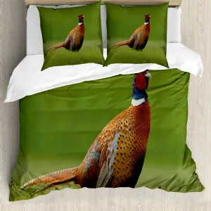 Пододеяльник ABAKUHAUS Bird, фазан, длиннохвостый луг, защита от клещей, подходит для аллергиков, с наволочками, 155 см x 220 см - 80 x 80 см, зеленый, оранжевый, красный Abakuhaus