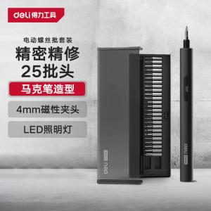 Набор бытовых электрических отверток Deli включает в себя 25 насадок и маркер для точной отделки.