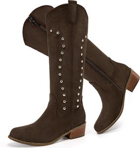 Женские ковбойские сапоги Alicegana Western - высокие сапоги до колена с широкой голенью из замши, удобные с молнией, с заостренным носком и массивным каблуком, высокие сапоги для осени и зимы 2025, Coffee