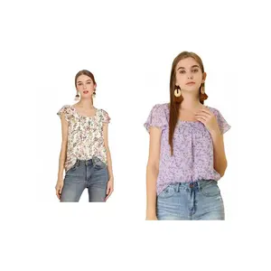 2 упаковки женских шифоновых блузок с рюшами и рукавами в винтажном стиле, многослойные блузки с цветочным принтом, топы ALLEGRA K, цвет White Purple