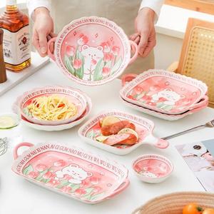 Ceramics Kaiduo 2 чашки 2 ложки чашка для риса 12 см, большой объем, детская посуда, керамика, подглазурная роспись, круглая тарелка 20 см [Flower Bear], 1 предмет