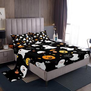 Erosebridal Комплект постельного белья Happy Halloween с оранжевыми тыквами, готическими призраками и паутиной в черно-белой гамме, Black White Yellow Orange