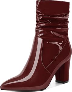 Женские свободные ботильоны Mettesally с высокими массивными каблуками, заостренным носком, боковой молнией, каблук 3,5 дюйма, полусапожки для платья, Patent Burgundy