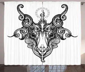 Штора ABAKUHAUS Пентаграмма в деревенском стиле, эскиз головы сатанинского козла, универсальные ленточные шторы для гостиной с петлями и крючками, 280 x 175 см, цвет: угольно-серый и белый Abakuhaus