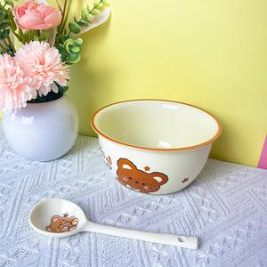 CERAMICS Керамическая миска для дома, 2025 новый стиль, фарфоровая рисовая миска, милые медведи кремового цвета, индивидуальные столовые приборы, набор для лапши 15 см с ложкой, 2 предмета