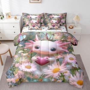 Erosebridal 3D комплект постельного белья Salamander с милыми аксолотлями и цветами, морская тематика с сердцами, микрофибра, для детей, Pink Red