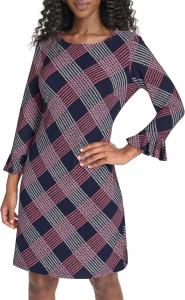 Женское трикотажное платье-трапеция Tommy Hilfiger с рукавами 3/4 и оборками, Sky Captain/Sherbet