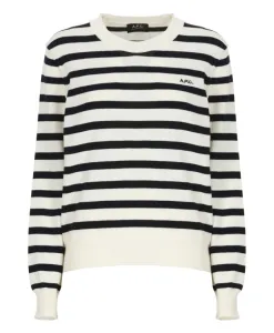 Полосатый хлопковый свитер, белый, с круглым вырезом. A.P.C., белый