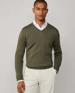 Мужская майка с V-образным вырезом из мериносовой шерсти и шелка, окрашенная в готовом виде Hackett, военный зеленый