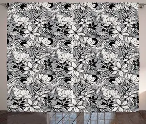 Шторы ABAKUHAUS Floral Rustic Curtain, Frangipani Mimosa Lotus, универсальные ленточные шторы для гостиной с петлями и крючками, 280 x 175 см, цвет: черный, белый, светло-серый Abakuhaus