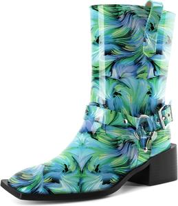 Женские ботинки Joseywade на низком каблуке 2 дюйма с молнией и металлическими пряжками, байкерские, до середины икры, размеры США 6-12, Patent Floral Green