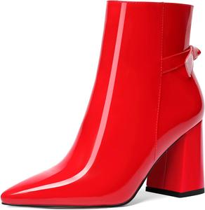 Женские ботильоны AMBELIGHT с острым носком на молнии для свиданий, лаковые, с широким каблуком 3,3 дюйма, Red