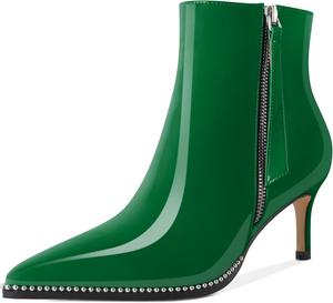 Younton Женские сапоги с низким каблуком, заостренный носок с бусинами, короткие сапоги, молния, каблук-кошечка, 6,3 см