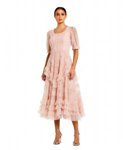 Женское миди-платье с короткими рукавами из сетчатой ткани с микрорюшами Mac Duggal, Porcelain