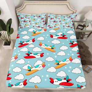 Erosebridal Детский комплект постельного белья с принтом самолетов и звезд в белых тонах, White Green Red Orange