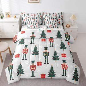 Erosebridal Комплект постельного белья Christmas Nutcracker с рождественскими елками и снежинками, серый, включает пододеяльник, простыни и наволочки, Grey Green Red