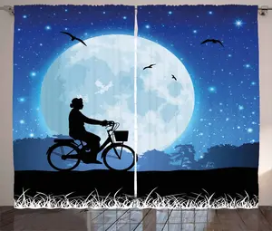 Штора ABAKUHAUS Луна в деревенском стиле, Человек, едущий на велосипеде, присборенная штора из тесьмы для спальни с петлями и крючками, 280 x 225 см, цвет: белый, черный, синий Abakuhaus