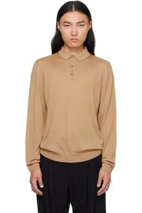 Boss Поло из натуральной шерсти с длинными рукавами, бежевого цвета