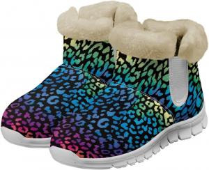 Gekhuqory Женские зимние снегоходные сапоги с принтом коровы и леопарда, теплые, с нескользящей подошвой, короткие ботильоны с меховой отделкой, удобные плюшевые сапоги с меховой подкладкой для путешествий и походов