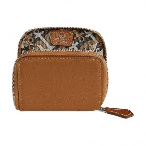 HERMES Шёлковый кожаный кошелёк-монетница женский золотистый и пряный чайный коричневый и меловой белый