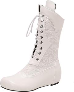 Женские ретро ботинки на танкетке с круглым носком, вышивкой из телячьей кожи и шнуровкой BULVJ, White