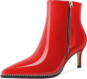 Younton Женские сапоги с низким каблуком, заостренный носок с бусинами, короткие сапоги, молния, каблук-кошечка, 6,3 см