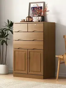 Yu Senyi Комод из массива дерева для гостиной или спальни, 5 ящиков и одна дверца, в стиле минимализм, цвет light walnut, собранный