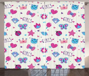 Женственная штора ABAKUHAUS в деревенском стиле, с бантом и божьей коровкой, забавная штора для спальни из лент со сборками, петлями и крючками, 280 x 245 см, фуксия и синий Abakuhaus