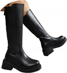 Женские сапоги до колена с широким голенищем, массивным каблуком, длинные сапоги с округлым носком, боковой молнией, стильные байкерские сапоги, удобные низкие каблуки, повседневные винтажные осенние высокие платформенные ботинки JYSwoshoe, Black-C