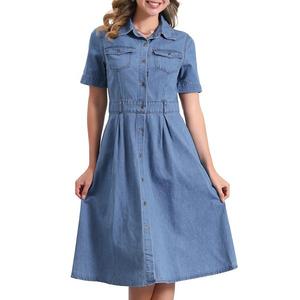 Джинсовое платье для женщин с воротником и коротким рукавом casual a-line midi Allegra K, Light Blue