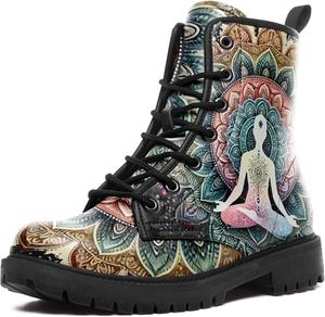 Женские бохо кожаные ботинки в стиле милитари на шнуровке с мандалами, цветочными и абстрактными узорами для комфортной повседневной носки AWSOLE, Red Blue Black