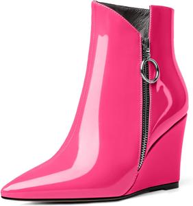 Женские ботильоны Eldof на танкетке с острым носком и молнией, короткие ботинки на каблуке 3,5 дюйма для ходьбы, Patent Hot Pink