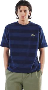 Футболка мужская из ткани с рисунком плитка и полосками того же цвета Lacoste, темно-синий