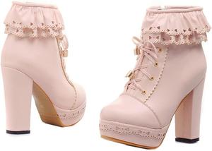 Женские ботильоны VOKLIN в стиле лолита для косплея с оборками, на высокой платформе, с круглым носком, шнуровкой, нарядные короткие ботинки, Pink-Velvet Lined