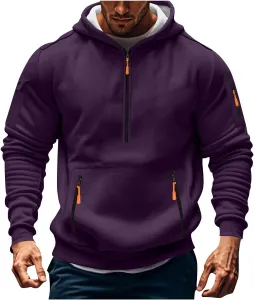 Толстовка с капюшоном и карманами для мужчин Plus Size, Half Zip, Fleece Lined