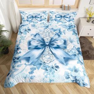 Erosebridal Комплект постельного белья для девочек в голубых тонах с бантами и цветочным принтом в стиле бохо, White Blue