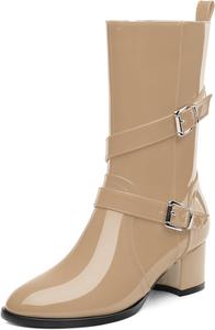 Женские сапоги до середины икры, низкий каблук, боковая молния, ботильоны до икры для женщин, круглый носок, модная лодыжка с ремешком и пряжкой RLYGHWAO, Nude Patent