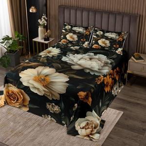 Erosebridal Комплект постельного белья King Size в стиле бохо с винтажным цветочным принтом из маргариток и пионов, White