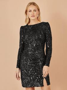 Мини-платье с длинными рукавами и пайетками Yumi, Black