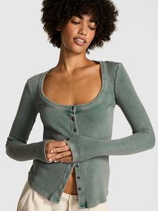 Винтажная ребристая футболка с длинными рукавами и застежкой на пуговицы Pink, deep forest